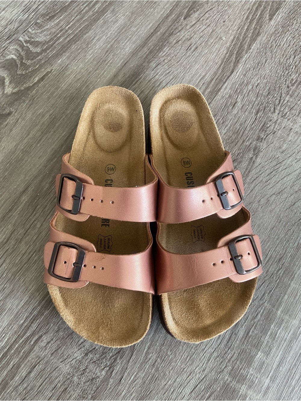Cushionaire Dual-Buckle Pink Metallic Slide Sandals